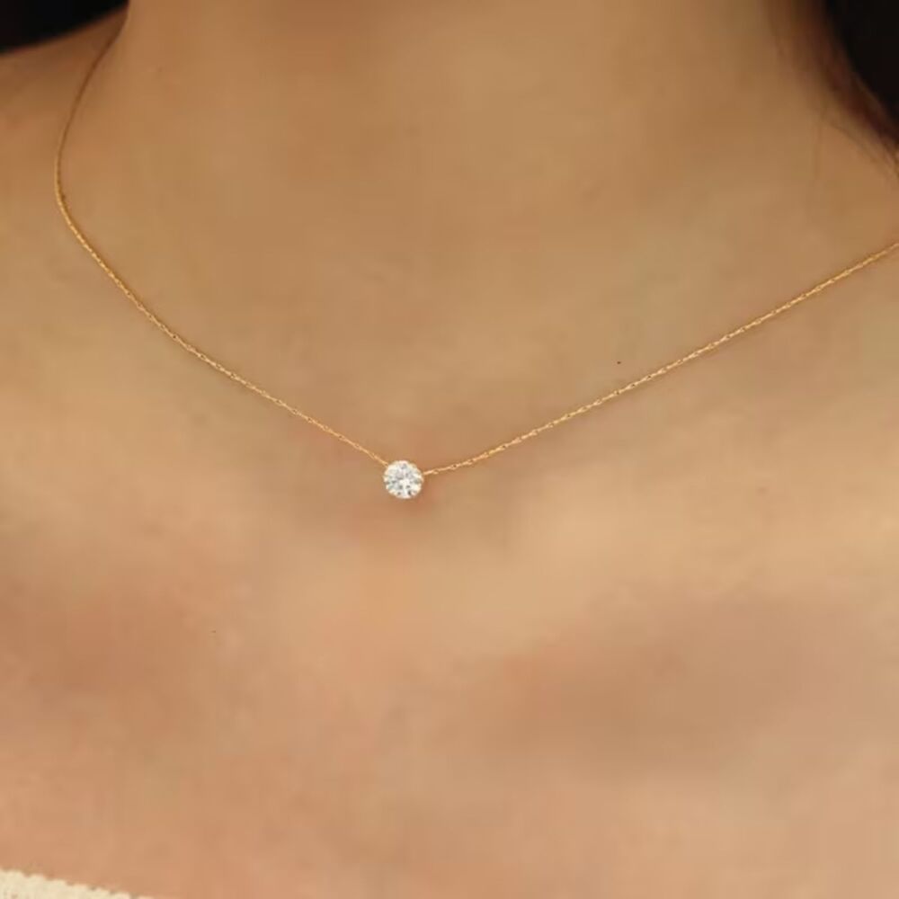 Round Clear Zirconia Slide Pendant Necklace Dainty Gold Chain Layer Crystal
